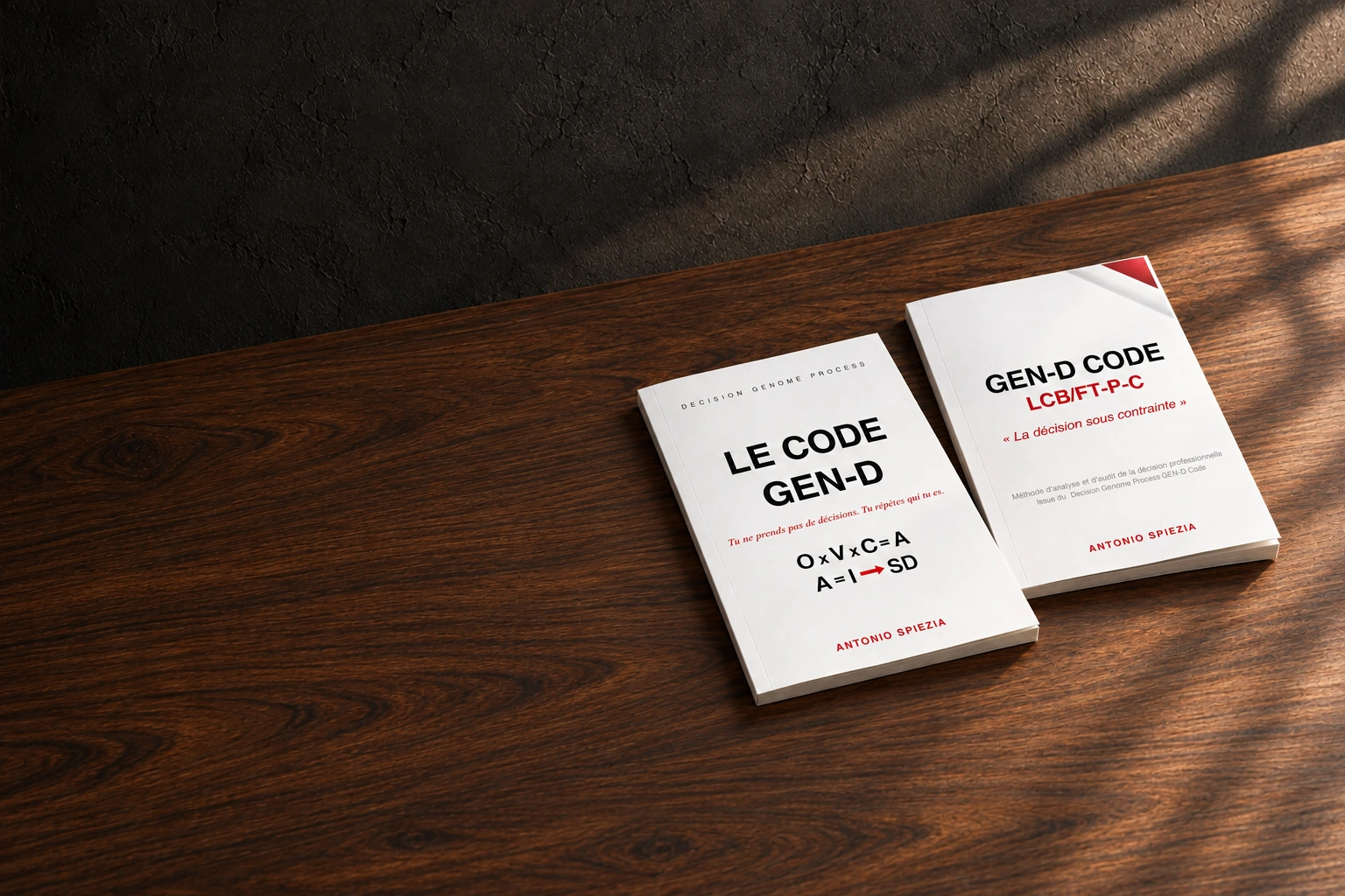 Les deux volumes GEN-D CODE sur un bureau en bois